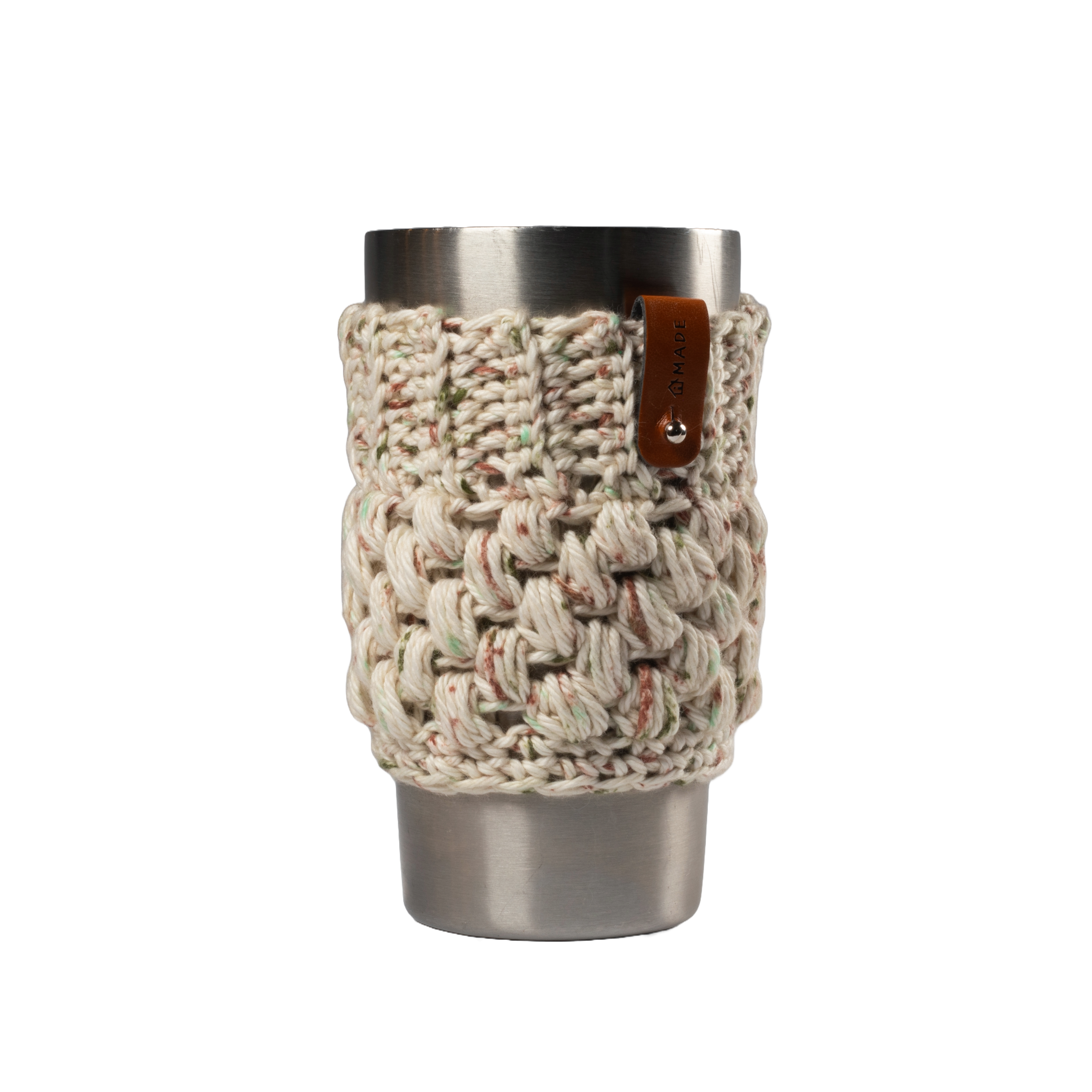 White multi colored drink koozie